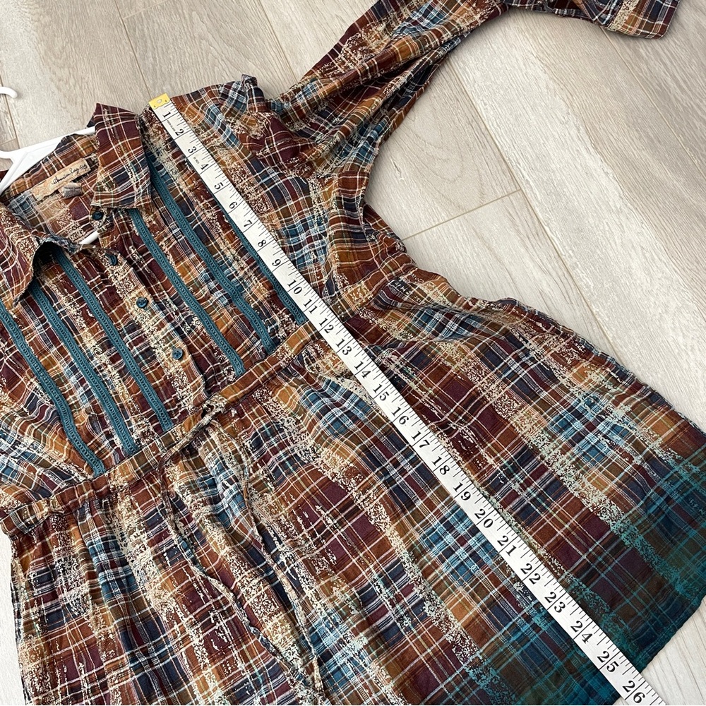 Plaid Peasant Top pintuck fit flare button up womens Brown (medium) boho folk - Picture 5 of 5